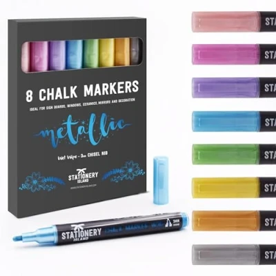 Image of STATIONERY ISLAND Chalk pens for blackboard, Liquid Markers Chalkboard and Glass, Wipeable Window Drawing, Metallic