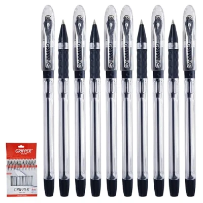 Image of Gripper Ballpoint Pens, BLACK, Fine Point (0.5mm), Pack of 10, Elasto Soft Grip, Smooth Writing, Perfect for School Office Home Use, iZOFAX Black Ball Pen