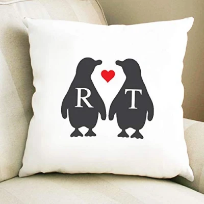 Image of Luxury personalised Penguin Couple cushion, cushion Cover, gift, Gift for a Couple, Lover, Add your own Initials!