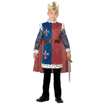 Image of Smiffys King Arthur Medieval Costume, Red with Tunic, Cape &amp; Crown, Boys Fancy Dress, Child Dress Up Costumes