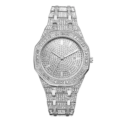 Image of JewelryWe Men Women Iced Out Watches Gold Tone Quartz Watch Stylish Rhinestone Business Casual Dress Wristwatches for Halloween