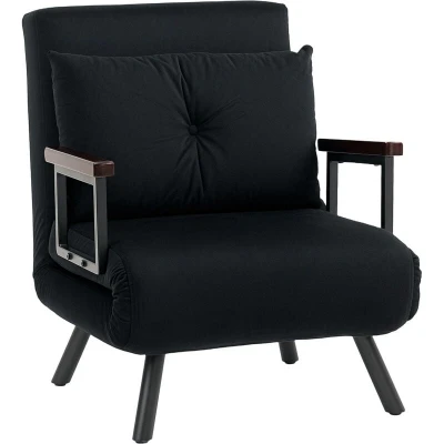 Image of HOMCOM Single Chair Bed, Click Clack Convertible Bed Settee, Modern Velvet Feel Fabric Couch with 1 Tufted Cushion, Wood Armrests, for Living Room, Bedroom, Guest Black