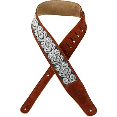 Image of Levy&#039;s Leathers 2.5&quot; Suede Leather Guitar Strap Embellish Design; Rust, Blue, and Cream (MSJ26 RST)