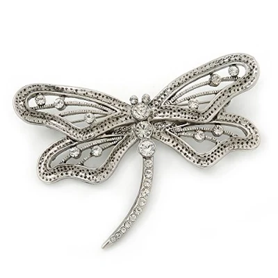 Image of Avalaya Large Crystal &#039;Dragonfly&#039; Brooch in Silver Tone 75mm Width