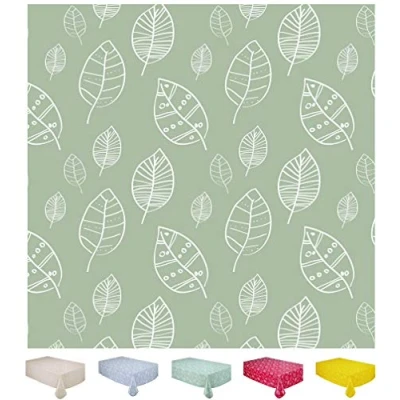 Image of Home Direct Rectangular Oilcloth PVC Wipe Clean Tablecloth 140cm x 180cm 55x70 Leaves Sage Green