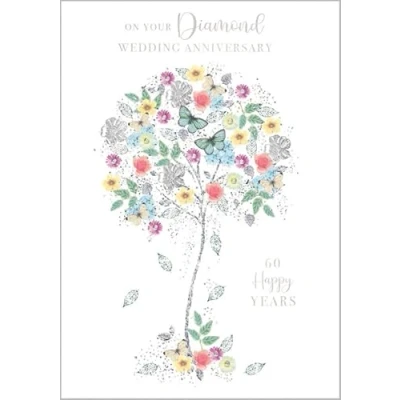 Image of Abacus Cards Open &#039;Happy Diamond Anniversary&#039; Greeting Card 60 Years Butterfly Tree From The Belgravia Range Embossed With A Silver Foil Finish