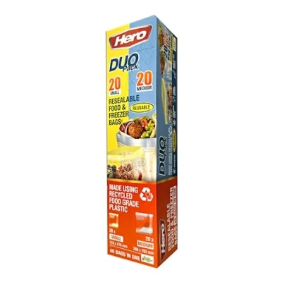 Image of Resealable Food &amp; freezer bags Hero Duo Pack 20 Small Medium Ziplock Sandwich for storing in the or packed lunches