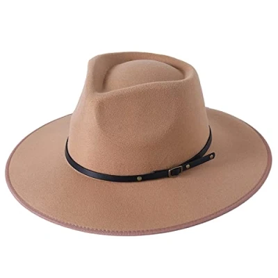 Image of Aurlust Women Fashion Hat, Retro Felt Panama Hat with Belt Buckle Boho, Wool Wide Brim Fedora for Fall Winter (Caramel, One Size)