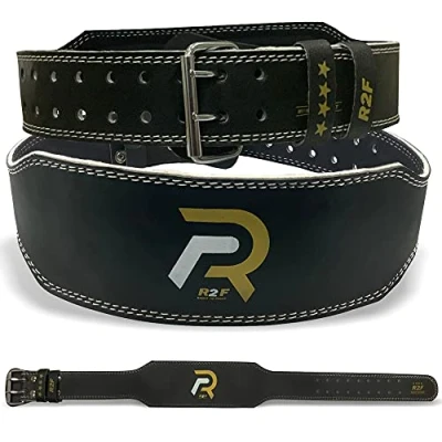 Image of R2F Weight Lifting Belt Gym Workout, Cow Hide Leather 4’’ Padded Lumbar Back Support, 10 Adjustable Holes, Weightlifting Powerlifting Bodybuilding Deadlift Squat Workout