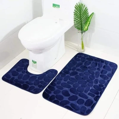 Image of 2 Piece Non Slip Pedestal Bath Mat Set, ele ELEOPTION Breathable Memory Foam Mats Soft Comfortable Water Absorbent Toilet Bathroom Rug Backing (Navy Blue)