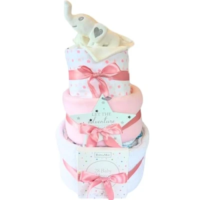 Image of New Baby Gift Girl for a Newborn 3 Tier Nappy Cake Elephant Pink Theme Parents Hamper Set