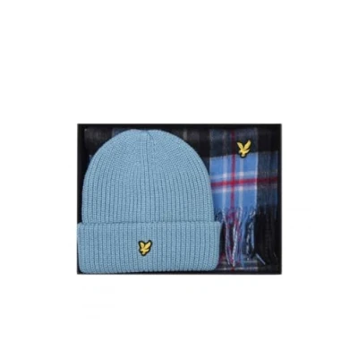Image of Lyle &amp; Scott Lambswool Blend Check Scarf Ribbed Acrylic Beanie Gift Set Blue Smoke
