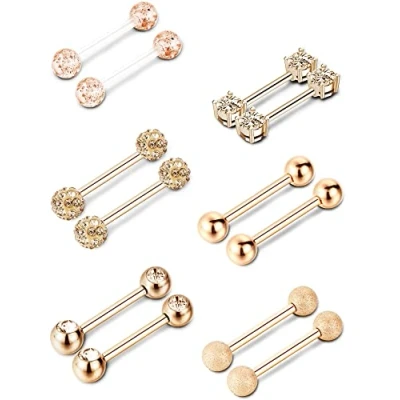 Image of 6 Pairs Nipple Tongue Ring Stainless Steel Barbell Rings Cubic Zirconia Nipplerings Body Piercing Jewelry, 14 Gauge (Rose Gold)