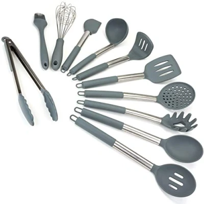 Image of Lantana Premium 11pc Silicone Kitchen Utensil Set for Cooking and Baking in Sleek Grey Brushed Stainless Steel. Includes; Tongs, Whisk, Spatula, Ladle, Potato Masher More.