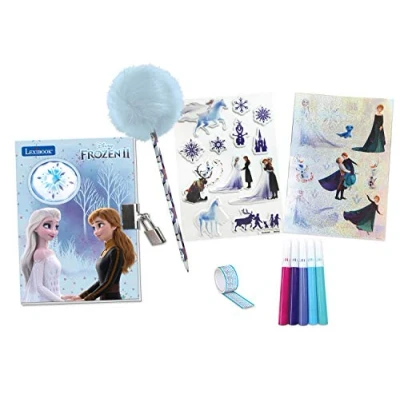 Image of Lexibook SD30FZ Anna, Elsa Frozen 2 Electronic Secret Diary with Light Effects, Keys and Padlock, Sticker Sheets, Pompom Pen, Blue/Purple