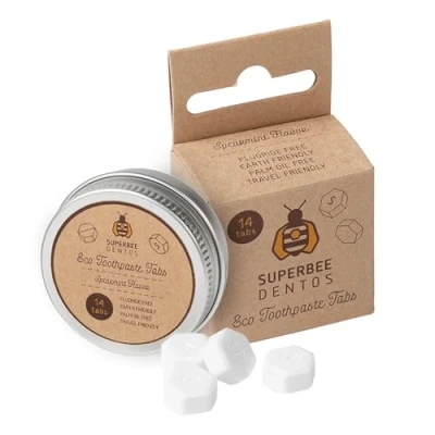 Image of SuperBee Dentos Toothpaste Tablets, 14 Tabs, Fluoride Free &amp; Eco Friendly, Travel Mouthwash Sensitive Bites for Kids and Adults, Chewable Tablet, Spearmint
