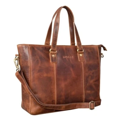 Image of STILORD &#039;Emmeline&#039; Leather Business Tote Bag for Women Elegant Work Office Uni Satchel 13.3 Inch MacBook Purse from Genuine Leather, Colour:Kara Cognac