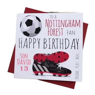 Image of WHITE COTTON CARDS PERSONALISED Nottingham Notts Forest FC Football Club Fan Birthday Card (51 PER)