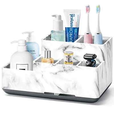 Image of Toothbrush Holder, Detachable Non Slip Electric Holder with 6 Compartments and Drainage Holes Bathroom Organiser for Bathroom, Kitchen, Family (White Marble)