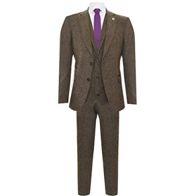 Image of Men&#039;s Oak Brown 3 Piece Tweed Harringbone Wool 1920s Classic Blinders Suit 40/34W