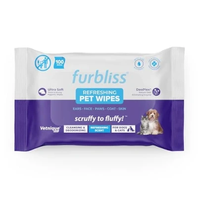 Image of Furbliss Hygienic Pet Wipes for Dogs &amp; Cats, Cleansing Grooming Deodorizing Hypoallergenic Thick with All Natural Deoplex Deodorizer, Refreshing Scent by Vetnique Labs (100ct)