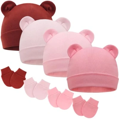 Image of DRESHOW Newborn Baby Beanie Hat and Gloves, Girl Spring Summer Autumn Winter Hats for 0 6 Months Infant Cotton
