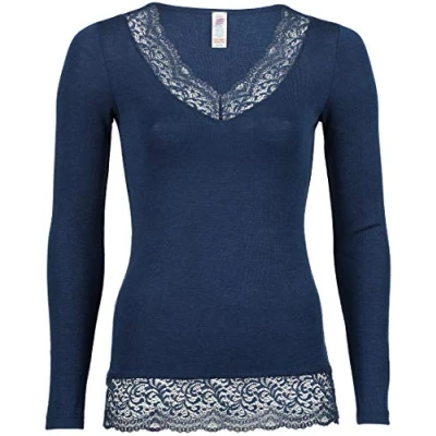 Image of Engel Natur, Women&#039;s Vest with Lace, 70% Wool (kbT), 30% Silk, navy, 16 UK/18 UK