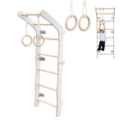 Image of MAMOI® Indoor Climbing Frame for Children&#039;s Room Wall Bars Made of Yarnwood Gym + Rings 100% Eco in EU