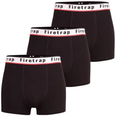 Image of Firetrap Mens 3 Pack Designer Boxer Shorts, Underwear Gift Set Trunks Comfortable Stretch Cotton Plain Colours Briefs All Black S