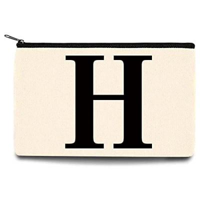 Image of 26 Letter Printed Zip Canvas Pouch Makeup Bag Make Up Bag, Cosmetic Travel Bag,Toiletry Bag,Organizer Bags,Toiletry Bags, Bride Bridesmaid Bag,Pencil Bag,Wash Bag,Coin Purse (Black H)