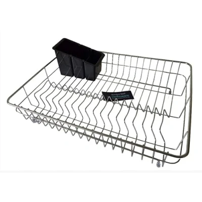 Image of Delfinware Stainless Steel Dish Draining Rack with Black Cutlery Drainer (Extra Large)