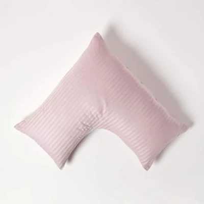 Image of HOMESCAPES Dusky Pink Pure Egyptian Cotton V Shape Pillowcase 330 TC 500 Thread Count Percale Equivalent Satin Stripe Pillow Case For Nursing Pregnancy and Elderly Pack of 2