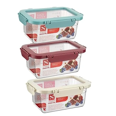 Image of Homeshopa Airtight Food Storage Containers with Lid, Plastic Leak Proof Kitchen &amp; Pantry Containers, Reusable Meal Prep Microwave Freezer Safe BPA Free Box (1 Litre Red,Blue,White)