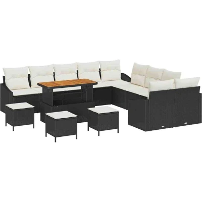 Image of vidaXL 14 Piece Garden Sofa Set with Cushions Black Poly Rattan Acacia
