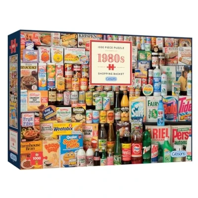 Image of 1980s Shopping Basket 1000 Piece Jigsaw Puzzle Vintage Sustainable for Adults Premium 100% Recycled Board Great Gift Gibsons Games