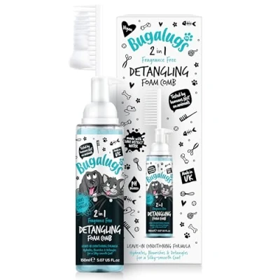 Image of Bugalugs Pet Detangler Foam Comb leave In conditioner Spray for de matting. No tangles. Professional Dog grooming formula with Wheat protein. knot removal (Fragrance Free)
