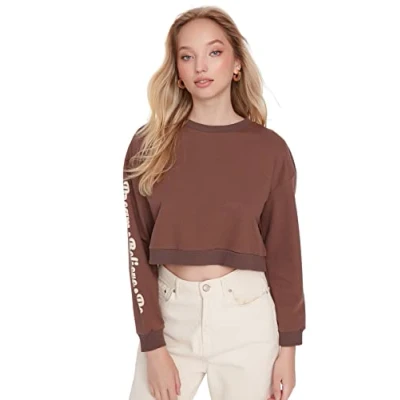 Image of Trendyol Women Regular Basic Crew neck Knit Sweatshirt Brown