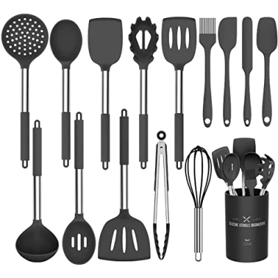 Image of Umite Chef Kitchen Utensil Set, 15pcs Silicone Cooking Utensils Tools Turner Tongs Spatula Spoon for Nonstick Heat Resistant Cookware (Black)