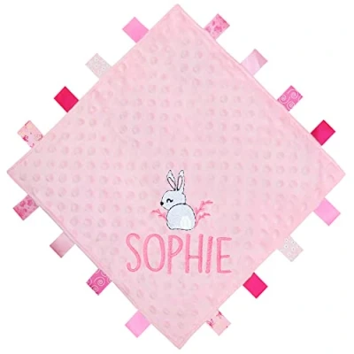 Image of TeddyT&#039;s Personalised Bunny Rabbit Baby Taggy Blanket Comforter Gift (Pink)