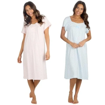 Image of INSIGNIA Womens Pack of 2 Short Sleeve Knee Length Pure Cotton Jersey Nightshirts Nighties (Pink &amp; Blue Spot, 22 24)
