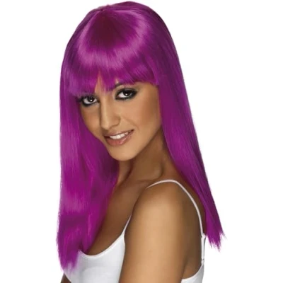 Image of Smiffys Glamourama Wig, Neon Purple Long, Straight with Fringe, Ladies Glamour Wigs Fancy Dress, Adult Dress Up