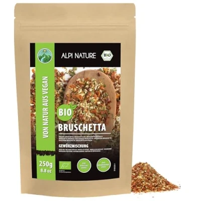 Image of organic bruschetta spice (250g, 8.8 oz), mix, bread spice, 100% natural, ingredients, no artificial additives