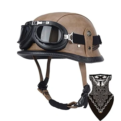 Image of DIRERTYS Motorcycle Half Helmet,Motorcycle German Leather Face Helmet, DOT/ECE Approved Cap Shell Helmet+Goggles Retro Open Helmet with Adjustable Quick Release Buckle