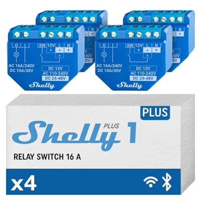 Image of Shelly Plus 1 WiFi &amp; Bluetooth Smart Relay Switch Home Automation Alexa Google Compatibility iOS Android App No Hub Lighting and Garage door Control (4 Pack)