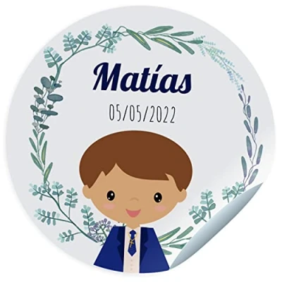 Image of ETIKIDS Communion sticker labels personalised name and date stickers for guests gifts size 45mm/60mm/70mm diameter not suitable clothes (NIÑO CASTAÑO)
