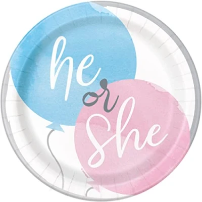 Image of Unique 76084EU Eco Friendly Paper Plates 18 cm Gender Reveal Party 8 Count (Pack of 1), Multicolour