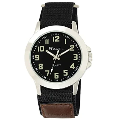 Image of Ravel Men&#039;s Modern Workwear Watch with Easy Fasten Strap Silver Tone/Charcoal Dial/Black Tan Tongue