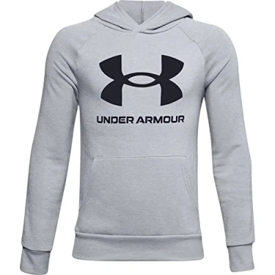 Image of Under Armour Rival Fleece Hoodie Warm up Top, Boys Grey, Mod Gray Light Heather / Black (011), YXL