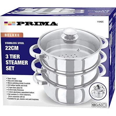 Image of New 22CM Stainless Steel 3 Tier Steamer Cooker Pot Set Glass LID COOKWARE Food