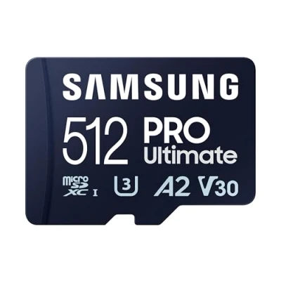 Image of Samsung PRO Ultimate microSD memory card, 512 GB, UHS I U3, 200 MB/s read, 130 write, Includes USB card reader, For smartphone, drone or action cam